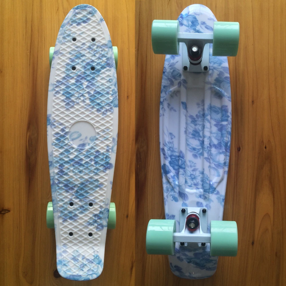 

Blue Floral Graphic Printed Mini Cruiser Skateboard 22" X 6" Retro Plastic Longboard Skate Long Board