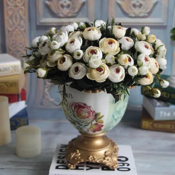 

1 Bouquet Artificial Tea Rose European Style 5 Autumn Colors Silk Fake Flower Bouquet Wedding Decoration For Home Hotel Decor A