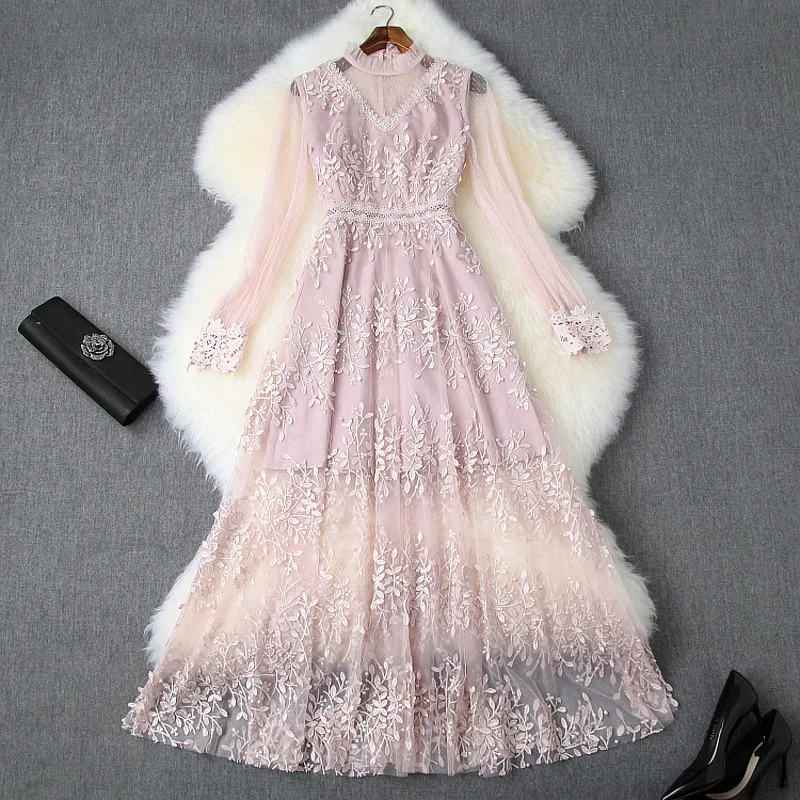 

Long Dress 2019 Ladies Spring Autumn Stand Collar Perspective Long Sleeve Solid Embroidered Beading Slim Empire Waist Mesh Dress