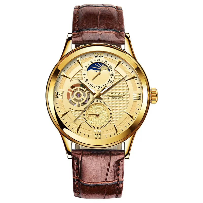 

AESOP Fashion Brand men watches Automatic Mechanical Brown Golden Watches Male Clock Relogio Masculino Leather strap Hours Clock