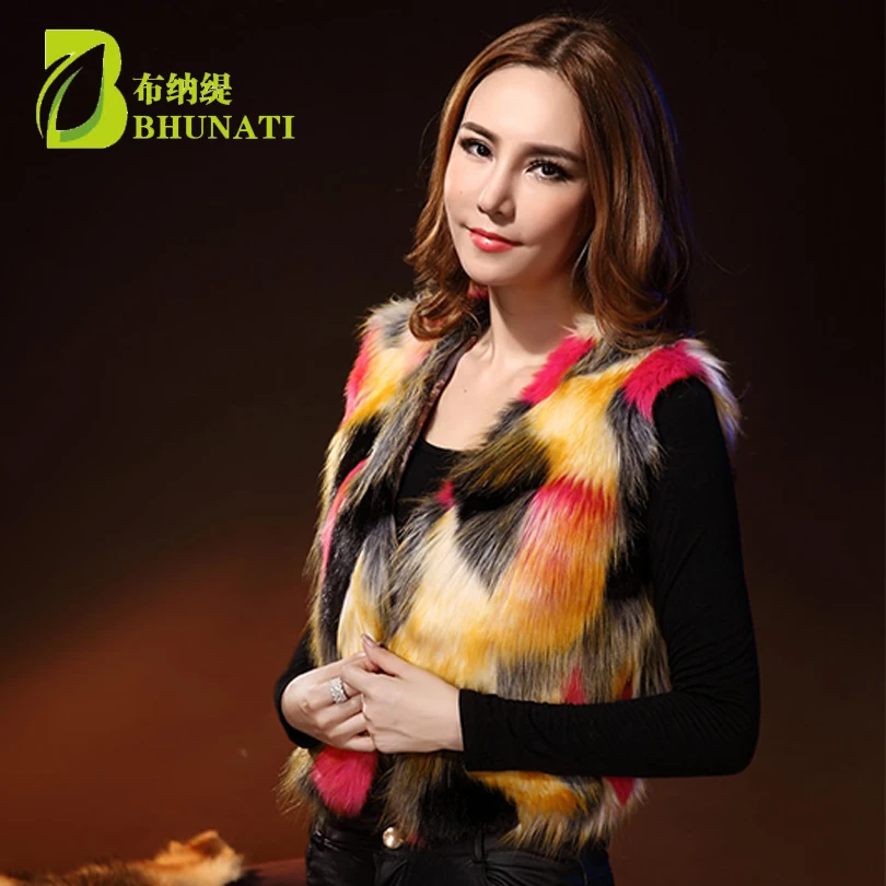 BHUNATI Multicolor Short Faux Fur Vest Coat Sleeveless Colorful Overcoat Artificial Fur Coats Slim Furry Vest For Lady