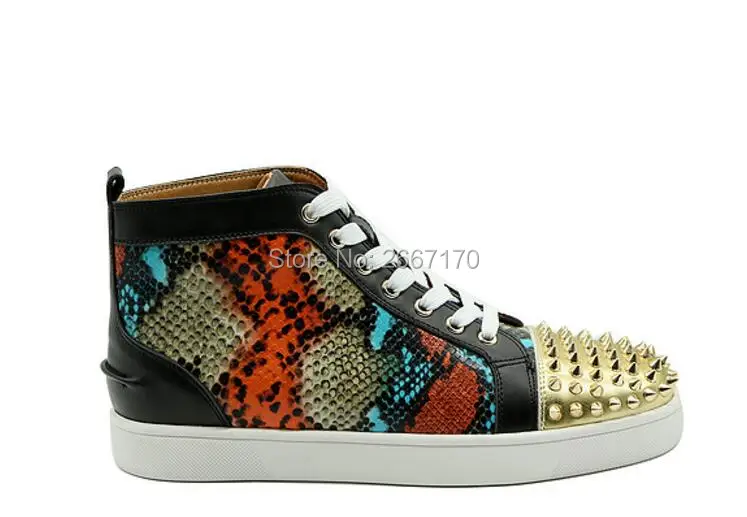 

2018 High Top Sneakers Men Snakeskin Flats Embossed Leather Shoes Fashion Men Python Lace Up Shoes Rivet Studs Casual Shoes 2018