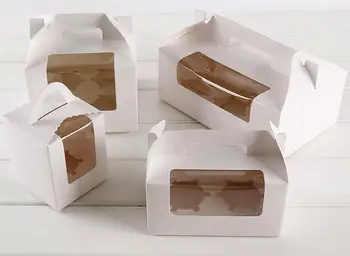 

500pcs/lot White Card Paper Party Cupcake Boxes Cake Packaging Boxes Holder 2pcs With Handle Muffin Box Free Shipping