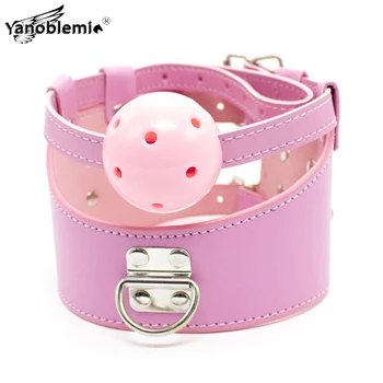 BDSM Bondage Neck Collar Gag Ball In Mouth Sexy Sex Toys For Woman Fetish Slave PU Leather Metal Chain Leash Adult Erotic Games adult game locking stainless steel slave collar bondage neck ring restraint fetish toys metal sex collar sex toys for women men