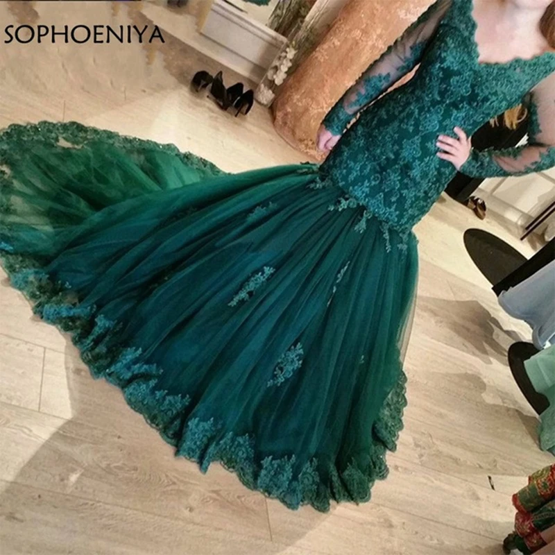 New Arrival Lace evening dress Long sleeve Green V Neck Abendkleider Arabic Sexy Evening Dress 2019 abiti da cerimonia New Arrival Lace evening dress Long sleeve Green V Neck Abendkleider Arabic Sexy Evening Dress 2019 abiti da cerimonia