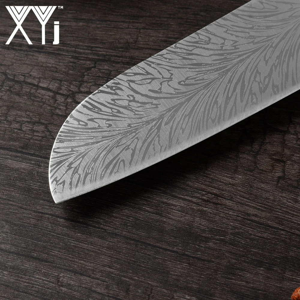 XYj кухонный нож шеф-повара, японские ножи 7CR17 440C из высокоуглеродистой нержавеющей стали, перо, лазерный узор, овощной нож Santoku