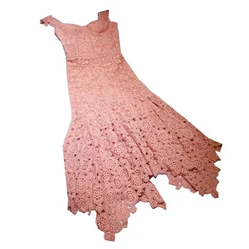 

2019 Summer Women Orange Crochet Lace Mermaid Dress Sexy Sleeveless Hollow Out Beach Dress Casual High Waist Midi Dress