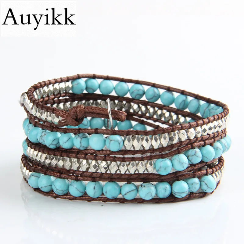 Auyikk Wrist bracelet beaded wraps bracelet boho natural stone bracelets for women leather bohemian yoga jewelry dropshipping Fashion Jewelry