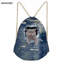 INSTANTARTS Забавные 3D карманные джинсовые короткошерстная кошка печатные мешки с Кулиской для девочек повседневные Простые детские школьные сумки мягкие рюкзаки