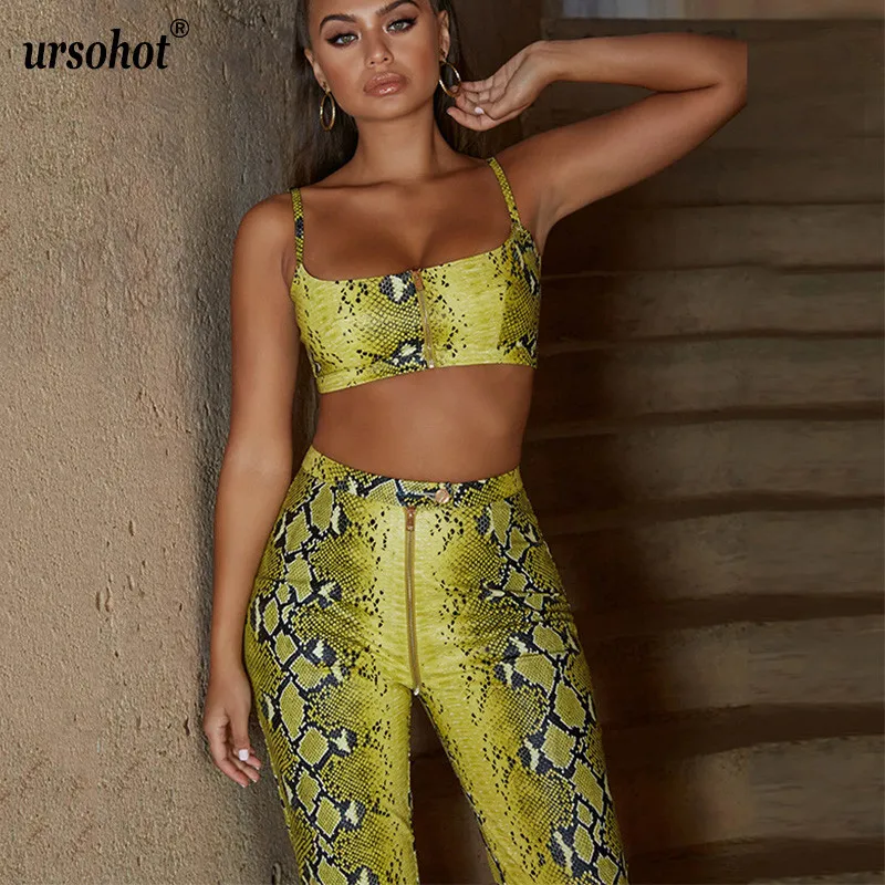 

Ursohot Sexy Snake Print Two Piece Set Jumpsuit Women 2019 Summer Strap Cropped Tops And High Waist Pants Tracksuit Streetwear