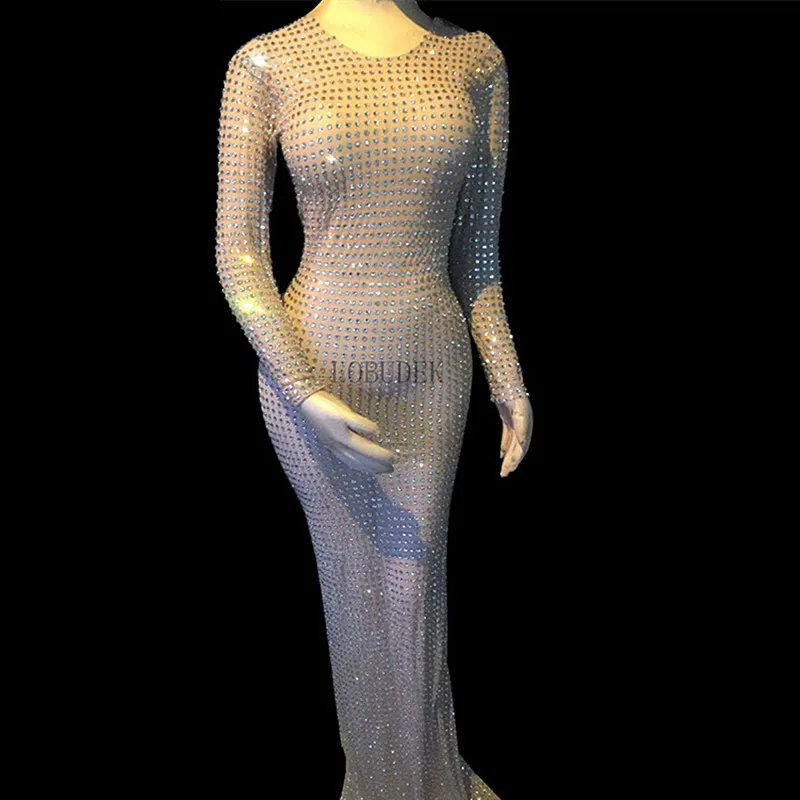 

Sparkly Rhinestones Mesh Long Dress Women Stage Wear Sexy Skinny Crystal Dress Nightclub Party Birthday Celebration Show Costume