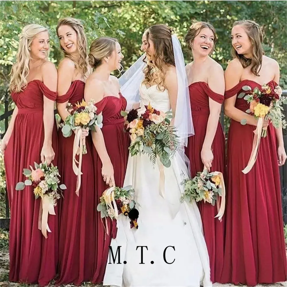 

Elegant Long Red Bridesmaid Dresses Strapless Off The Shoulder A Line Elastic Satin Cheap Maid Of Honor Dress Robe De Soiree