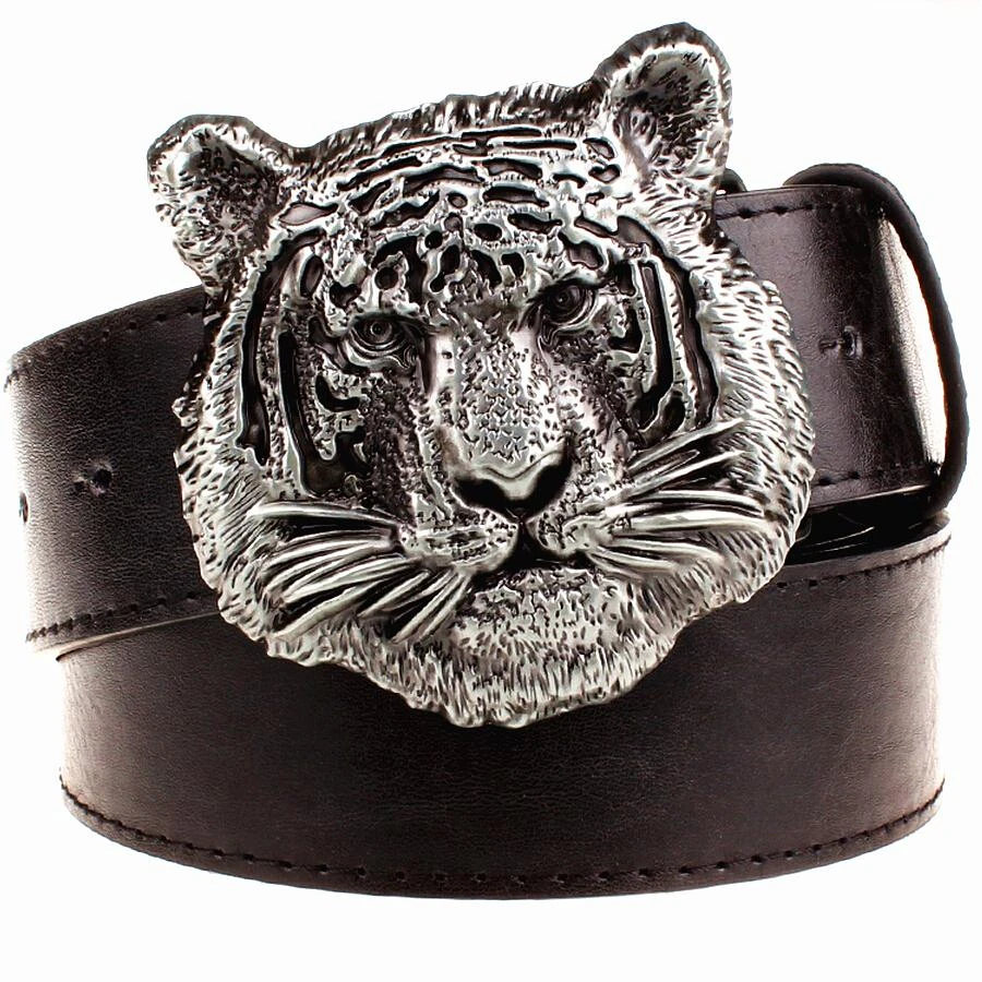 leather belt with tiger head buckle