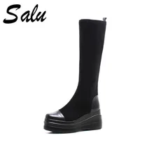 Salu/женские мотоциклетные ботинки; модная женская обувь; повседневные сапоги до колена; кожаная зимняя обувь; женские ботинки