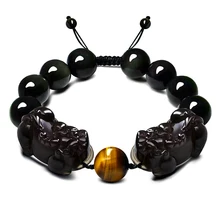 Natural Stones Jewelry Bracelet Obsidian Double Skull Rope Chain Tiger Eye Beaded Bracelet Pixiu Adjustment Men Women Bracelets best selling 12mm natural rainbow eyes obsidian men and women beaded bracelet jewelry