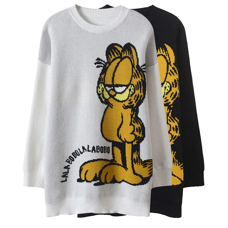 

Fall 2018 New Korean Style Round-neck Black Knitted Shirt Garfield Cat Jacquard Long Sweater Fall Outfits Female Warm Pullovers