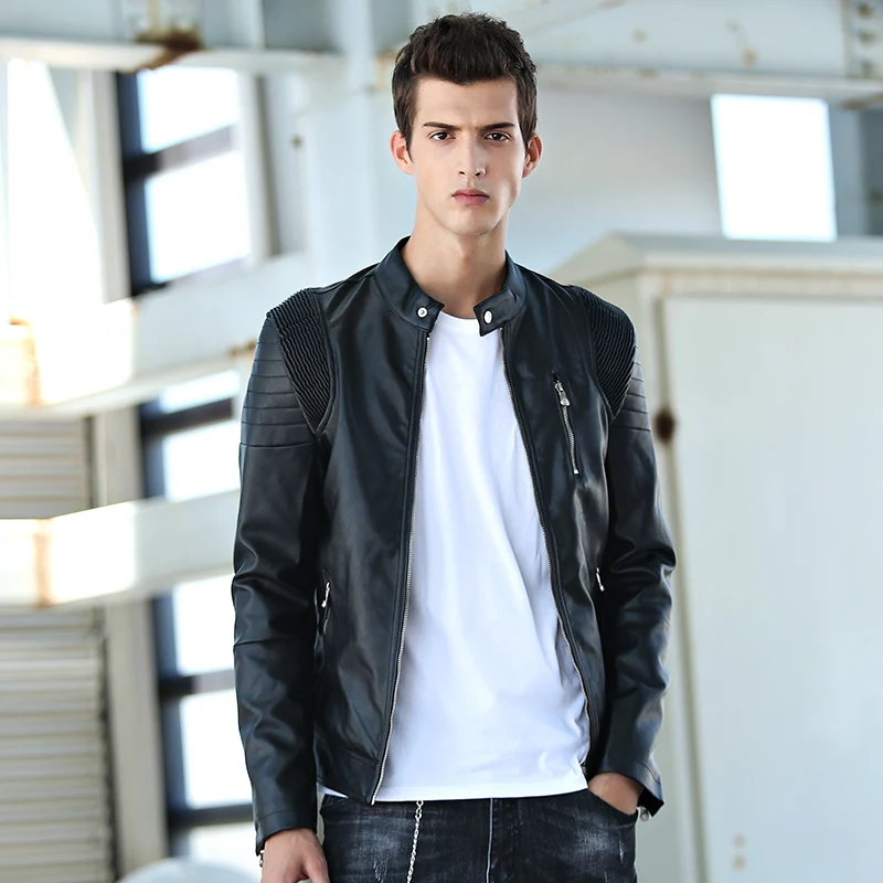 2018 New Mens Leather Men Slim Washed PU And Viscose Material Motorcycle Jacket Stand Collar Casual Ruched Zipper | Мужская одежда