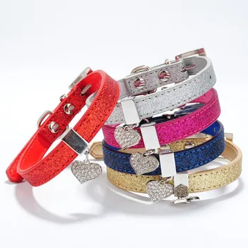 

Glitter Pu Leather Dog Collar For Puppy Small Dog With Bling Heart-Shaped Diamond Pendant Size XS S 4 Colors Free Shipping