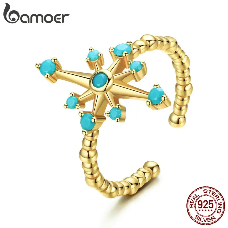 

bamoer Boho Blue Star Adjustable Finger Rings for Women Original Design Gold Color Sterling Silver 925 Fashion Jewelry SCR548