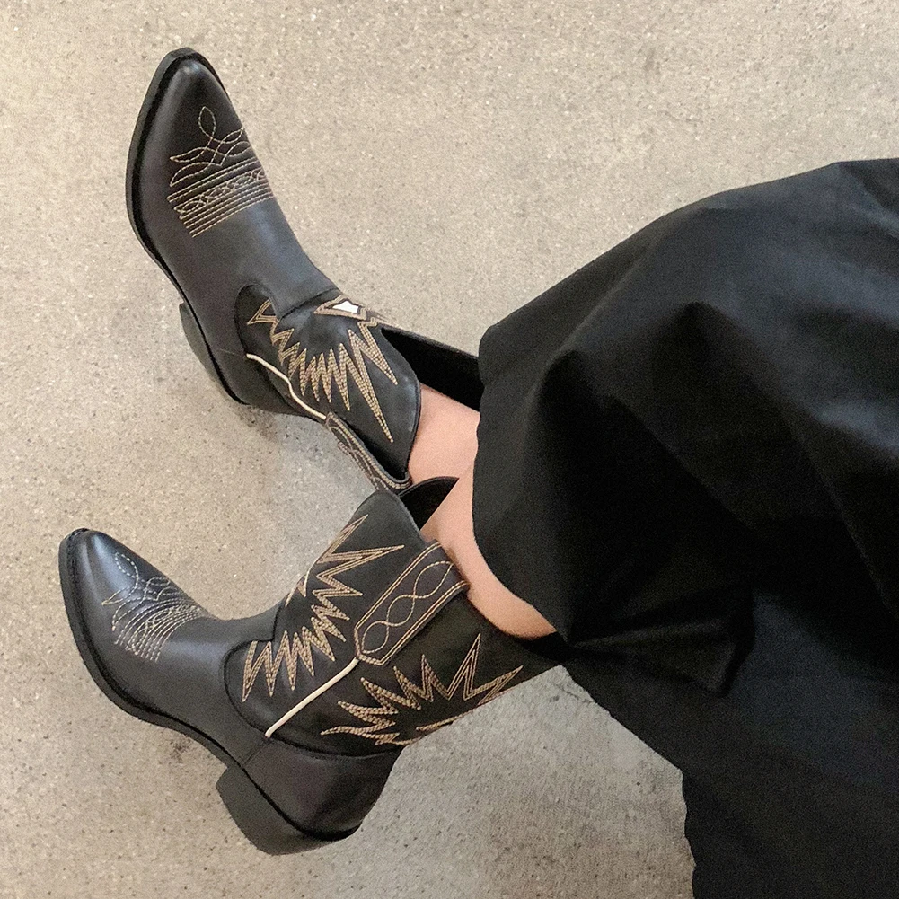 

Retro Genuine Leather Western Boots Chunky Heels Boots Woman Shoes Women Casual Cowboy Boots Shoes Woman Boots Female