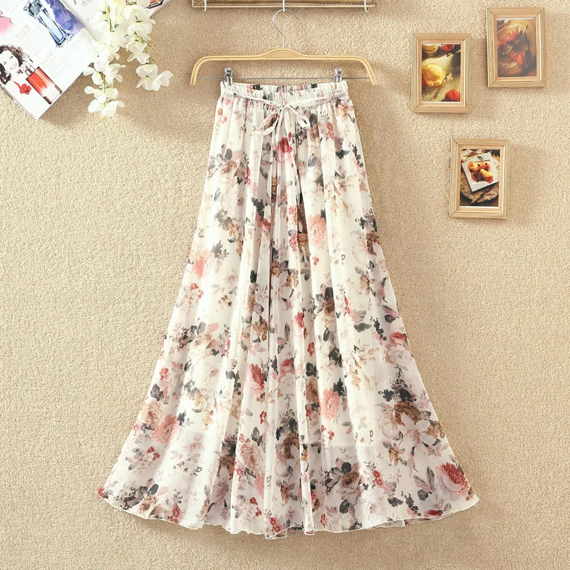 

Summer Lace Floral Skirt Female Big Swing Chiffon Long Skirt Bohemian Beach Skirt A-Line Mid-Calf Natural