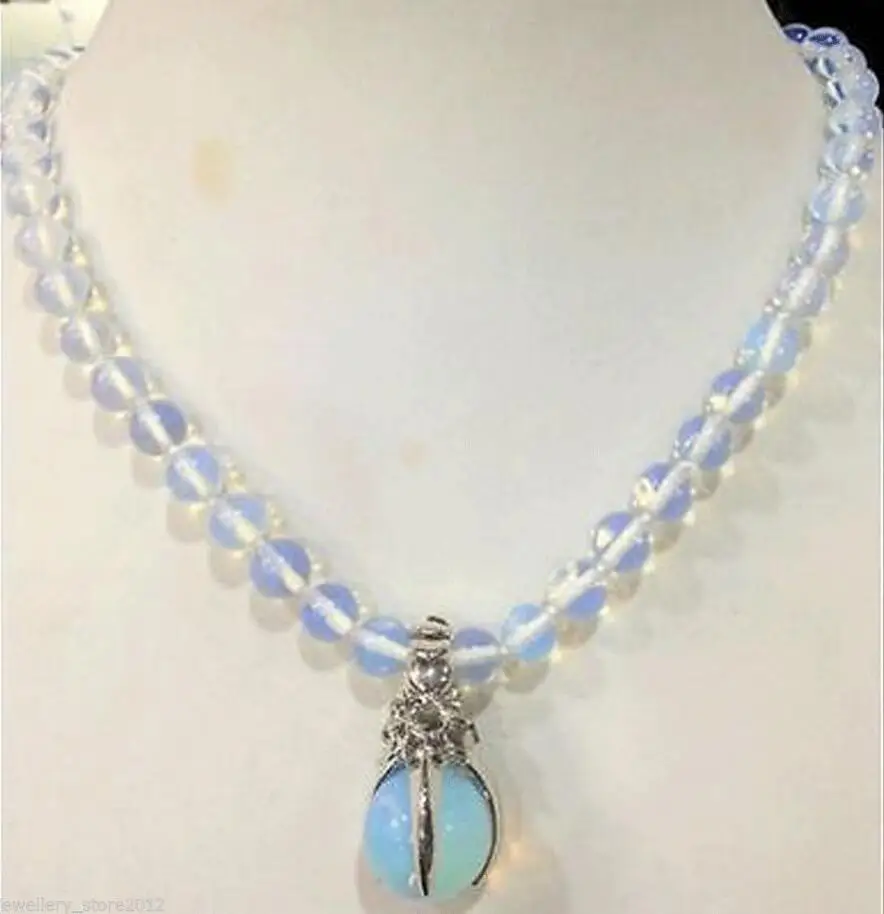 

Hot sell Noble- FREE SHIPPING Hot sale new Style >>>>>Beautiful Natural White Opal Round Beads Gems Pendant Necklace 18