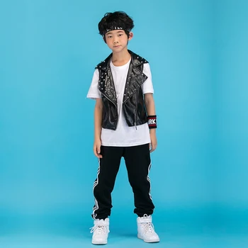 

New Boy Jazz Costumes Hip Hop Dancing Clothe Willow Vest Tops Street Dance Clothing Children Stage Performance Black Wear DWY528