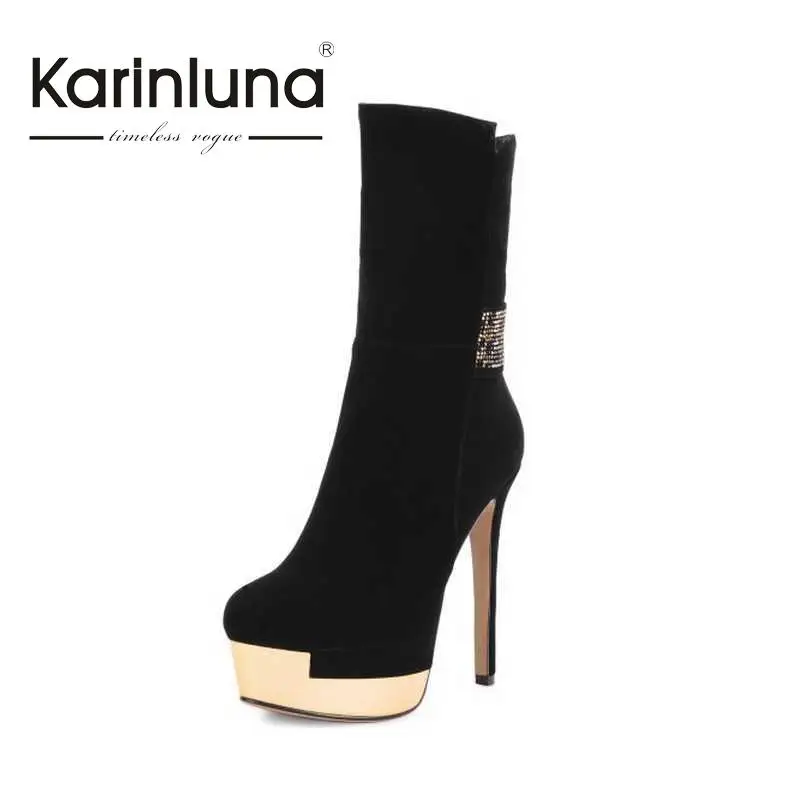 

Brand New Women Mid-calf Boots Round Toe High Thin Heels Zipper Shoes Woman Fashion Autumn Winter Platform Ladies Boots