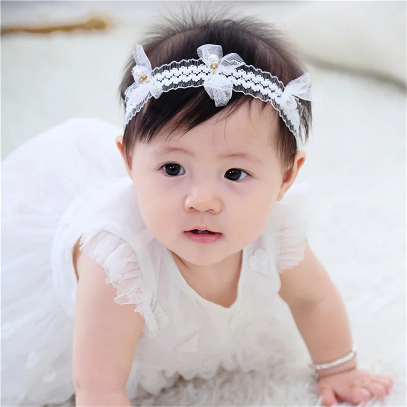 2018 New 10pcs/lot Newborn Pearls Flower Headband Girl Children White Floral Hair band Accessories Lace turban headwear