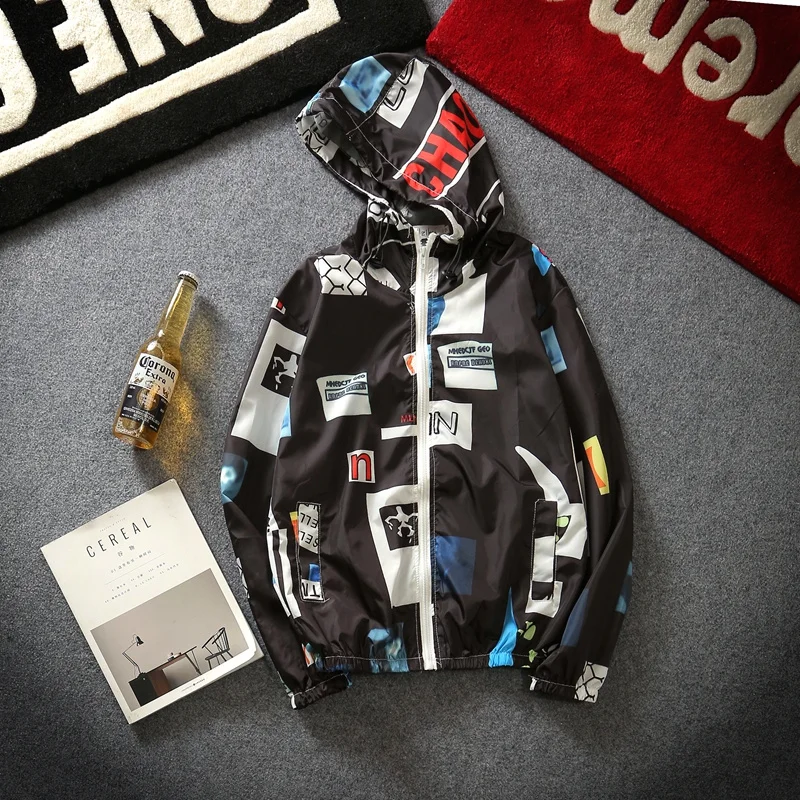 

YuWaiJiaRen Spring Summer Jacket Men and Women Thin Harajuku Punk Fashion Casual Letter Hooded Windbreaker Coat Lover