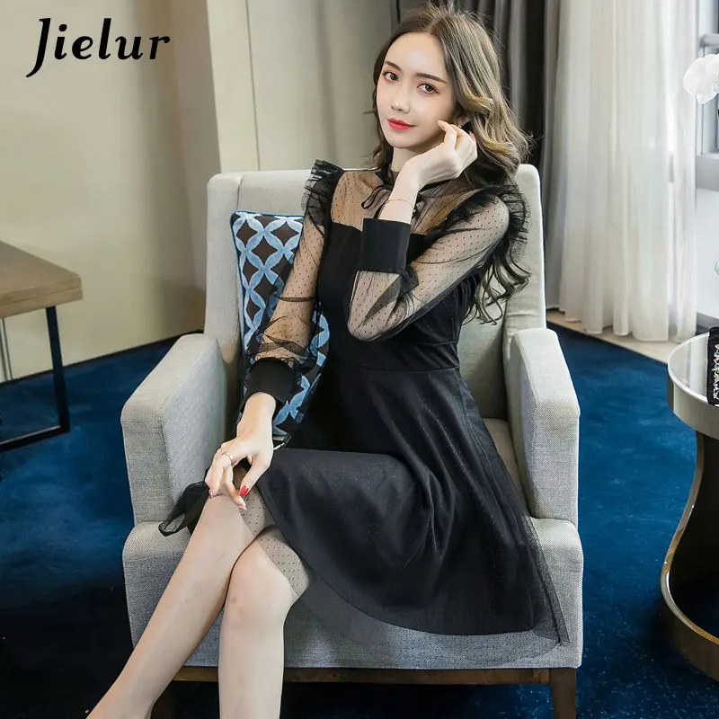Jielur черное Сетчатое платье для женщин весна осень новое французское Ретро стиль женские платья Kpop с бантом с длинным рукавом vestidos Mujer - Цвет: long sleeve