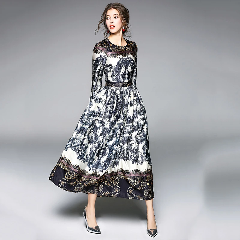 

2019 High Quality New Fashion Runway Maxi Dress Women's Long Sleeve Retro Printed Designer Long Dress High Waist