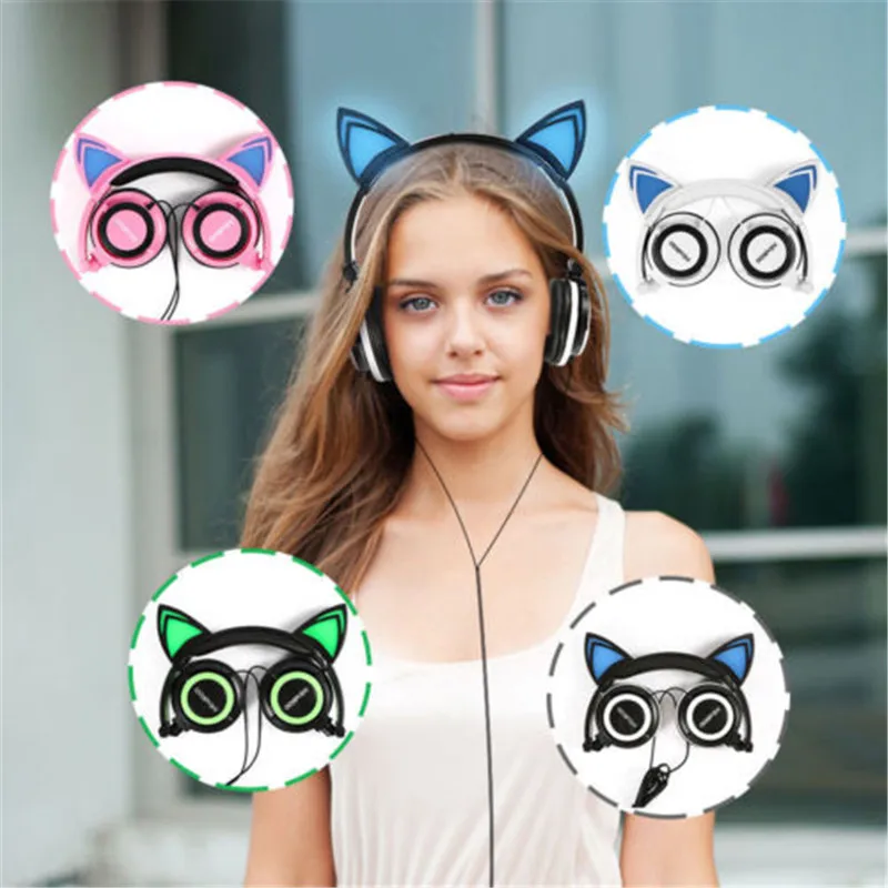 New Brand Cat Ears Headphone Rechargeable LED Light Music Wired Earphone Foldable Portable Game