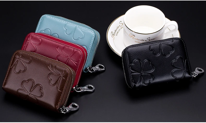 Lomelobo Lady Flower Card Holder Split Leather Girl Zipper Coin Purse Women Business Card Cowhide Female Credit ID Cards Wallets HCL7132  Details (12)