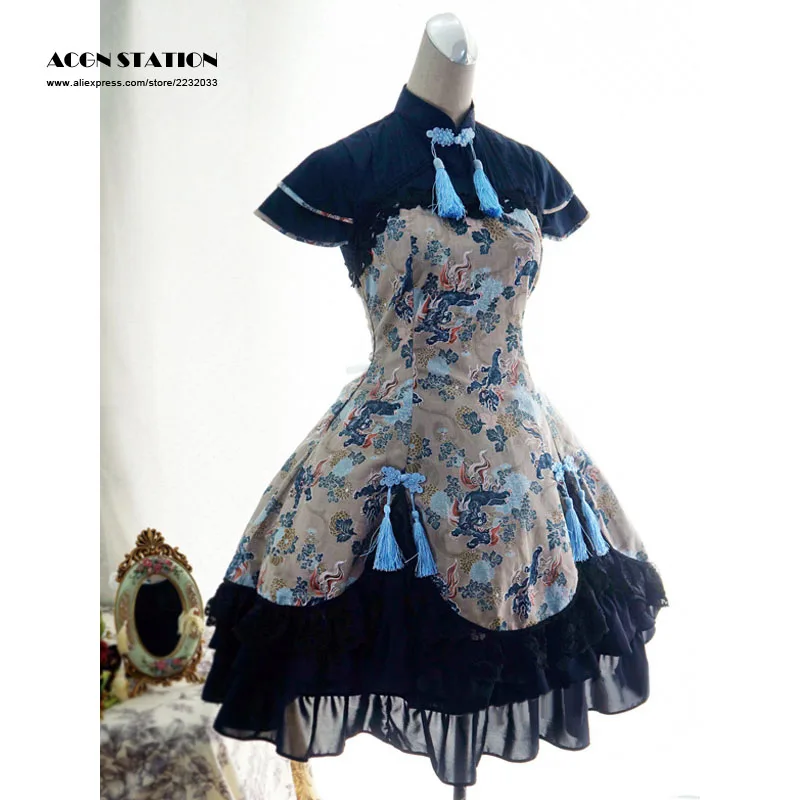 

2016 New Fashion Dark Blue Grey Cotton Qi Lolita One-piece Dress Kylin Print Lace Up Chiffon Trim