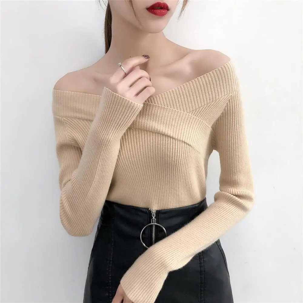 Ubei Core yarn sweater autumn /winter new Korean style fashion slash neck shoulder solid color slim bottom pullover Ubei Core yarn sweater autumn /winter new Korean style fashion slash neck shoulder solid color slim bottom pullover