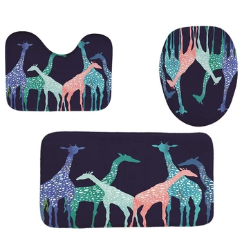 

4Pcs Home Bathroom Decor Set Bathroom Giraffe Pattern Toilet Seat Cover Bath Mat Set+ Waterproof Shower Curtain