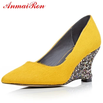 

AnmaiRon Horsehair Pointed Toe Casual Pumps Women Shoes Slip-On Basic Women Fashion Shoes Size 34-39 LY769