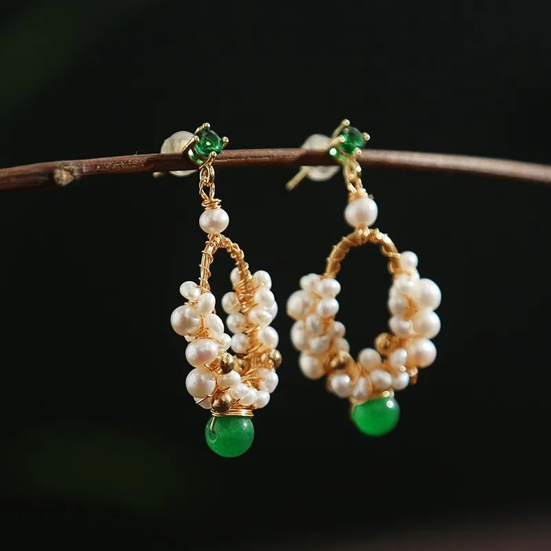 

Gold-infused 14K gold jewelry natural near-circular flaw pearl hand-woven fashion geometry semi-precious ear nail Earrings