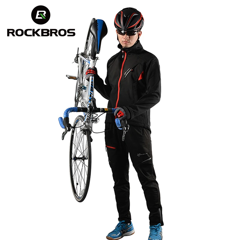 ROCKBROS Cycling Jersey Sets Winter Thermal Fleece Cycling Clothing Windproof Riding Bicycle Reflective Jacket Sportswear Pants
