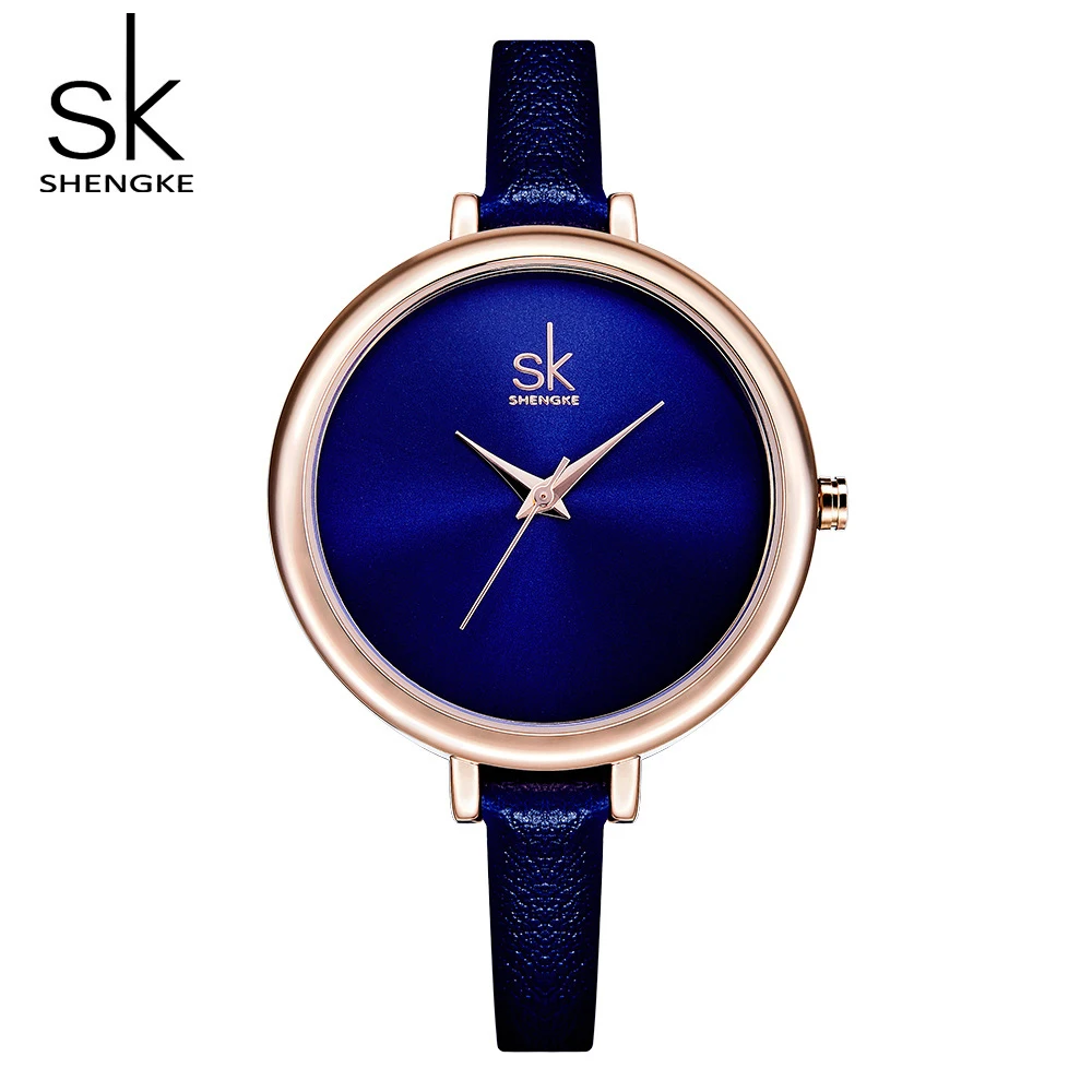 Женские кварцевые часы Shengke синего цвета с кожаным ремешком 2019|sk fashion|sk 2sk watch |