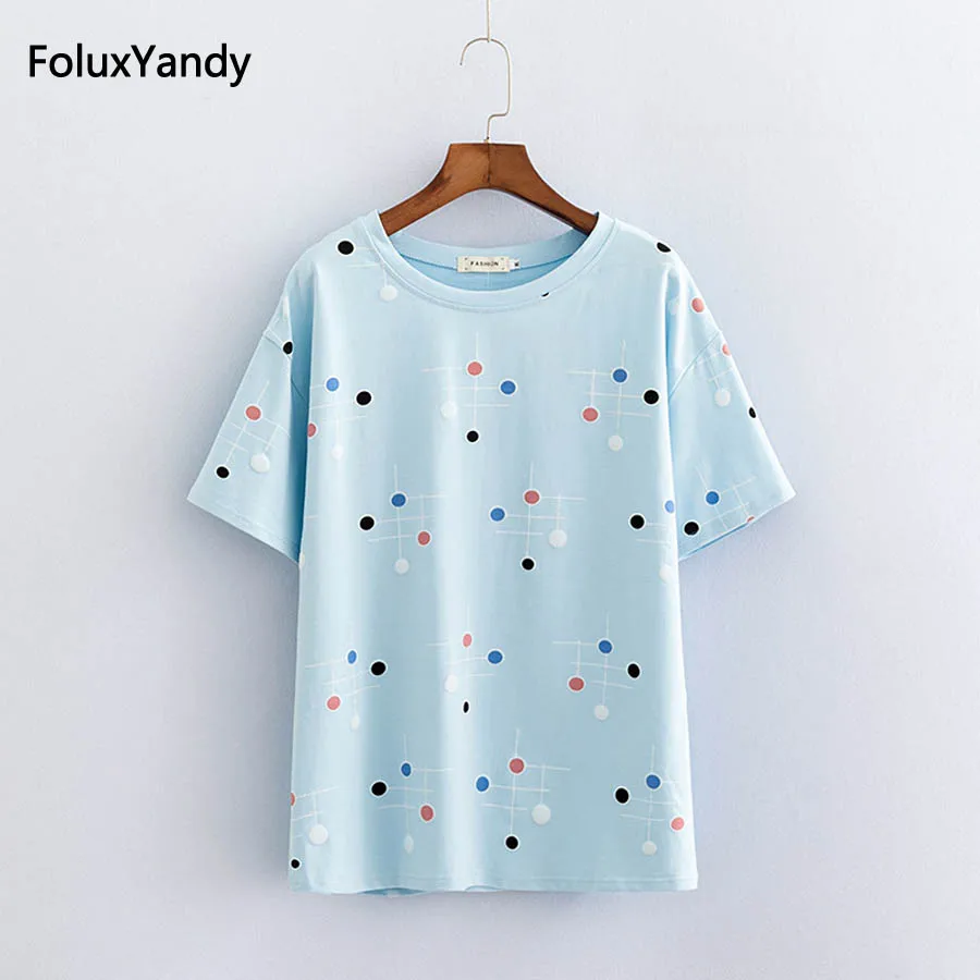 

Polka Dot Tops Plus Size Women O-neck Short Sleeve Summer Casual T-shirts Sky Blue Khaki White KKFY2169