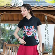 Летние этнической вышивкой хлопковая футболка