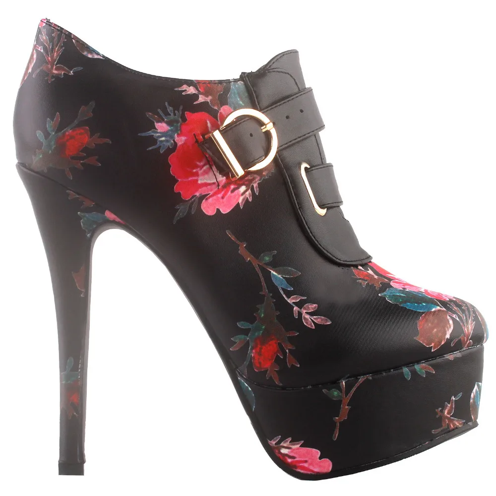 

LF80879 SHOW STORY Elegant Red Black The Plum Blossom Buckle Platform Stiletto Ankle Bootie Boot,
