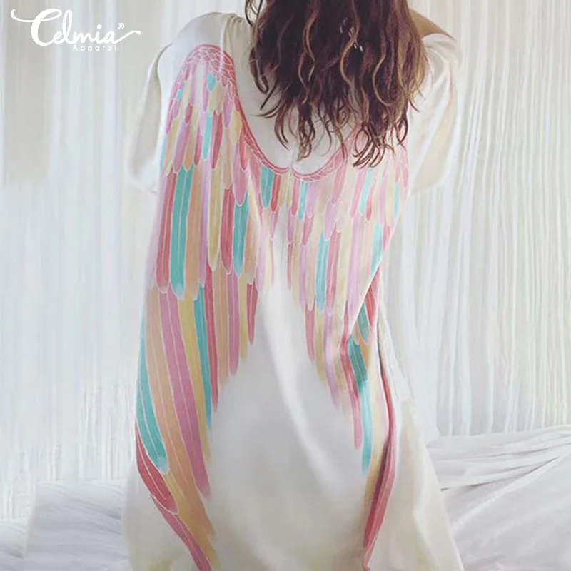 Summer Women Bohemian Wings Print Kimono Cardigan 2019 Celmia Vintage Batwing Sleeve Blouse Female Casual Tunic Tops Shirt S-5XL