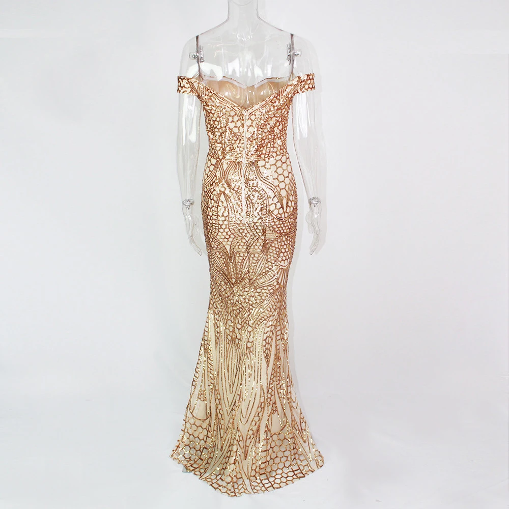 Золотое платье подружки невесты с блестками, с открытыми плечами, эластичное платье Макси