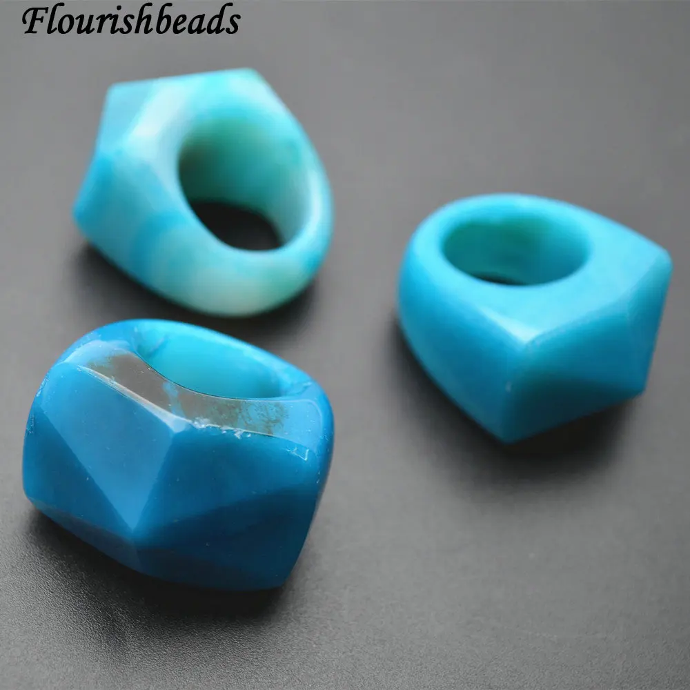 

1pc Surface Pyramid Cutting Blue Agate Stone Band Rings Big Size Fashion Jewelry
