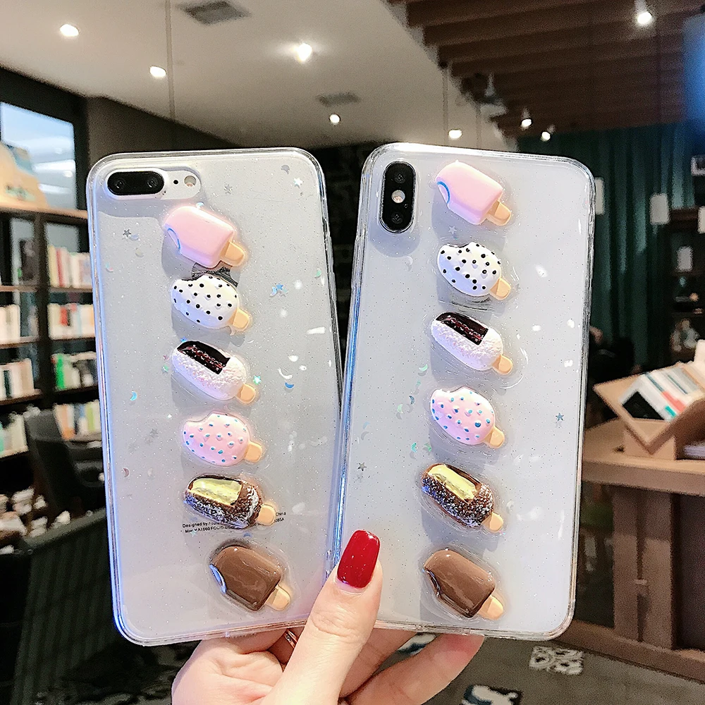 Cute 3D Summer Ice Cream Case For iPhone XS Max X XR 7 8 Soft Glitter Transparent Back Cover 6 6s Plus Phone | Мобильные телефоны и