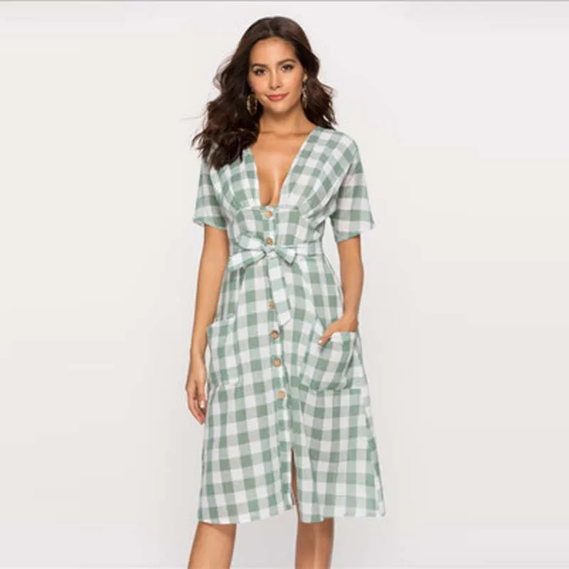 

New Lattice Dresses in Europe and America in Spring and Summer of 2019 women dress 2019 party dress office lady dress