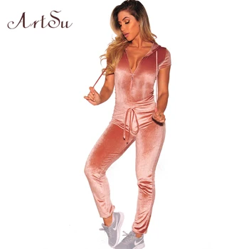 

ArtSu Casual Women Outfits Jumpsuits Short Sleeve Hooded Overalls Long Pants Sexy Velvet Rompers Womens Jumpsuit ASJU30160